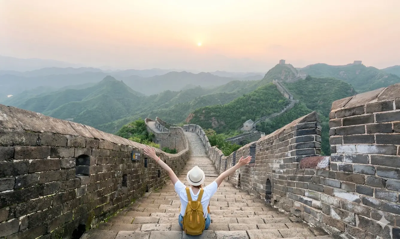 Great Wall of China stretching across mountainous landscape, showcasing ancient architecture and scenic views