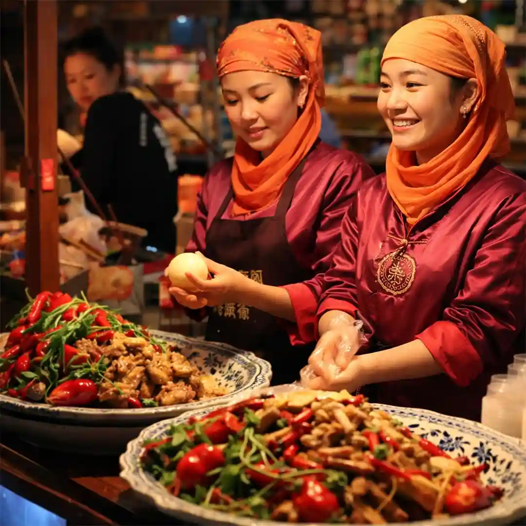 Zhonggulou Square and Hui Min Street Xi’an with busy market stalls, street food vendors, and traditional architecture