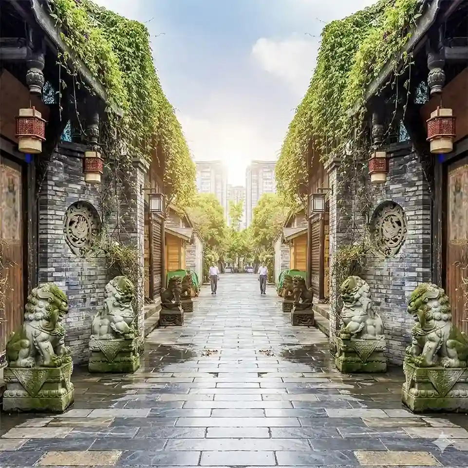 Kuanzhai Alley Chengdu with traditional Chinese buildings, lanterns, shops, and street food stalls