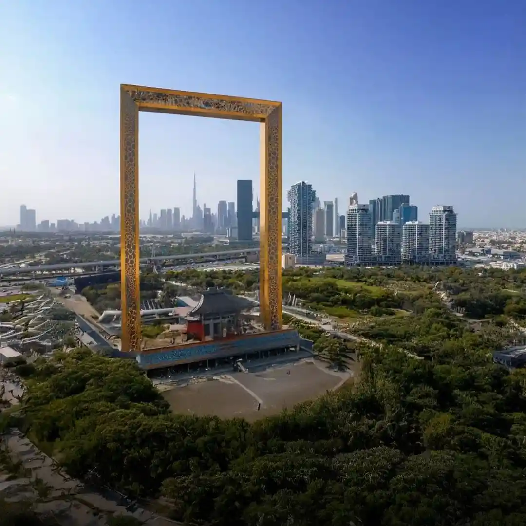 Dubai Frame landmark showing views of old and new Dubai skyline
