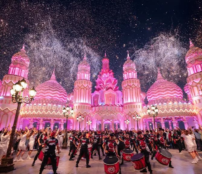 Global Village multicultural festival park with international pavilions in Dubai
