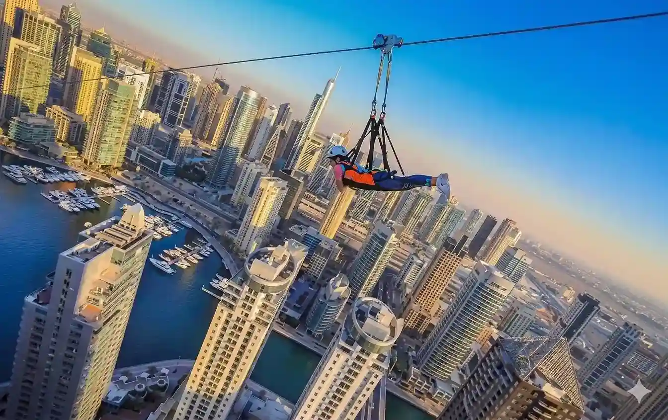 XLine Dubai Marina urban zipline over skyscrapers and marina