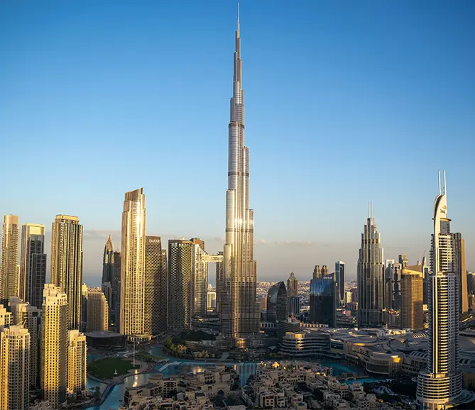 Burj Khalifa skyline view in Dubai with city lights from observation deck