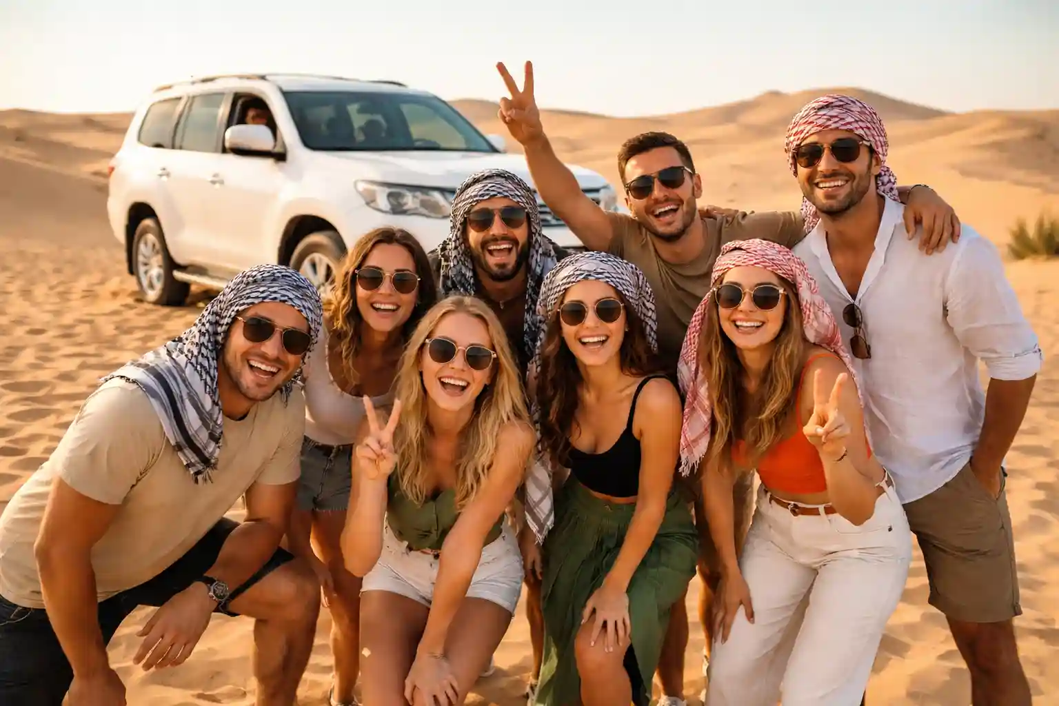 Group of friends in traditional headscarves posing by a 4x4 during a Dubai desert safari