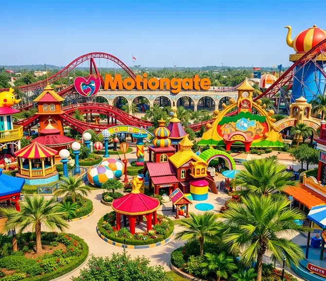 Dubai Parks and Resorts entrance with theme park attractions and family activities