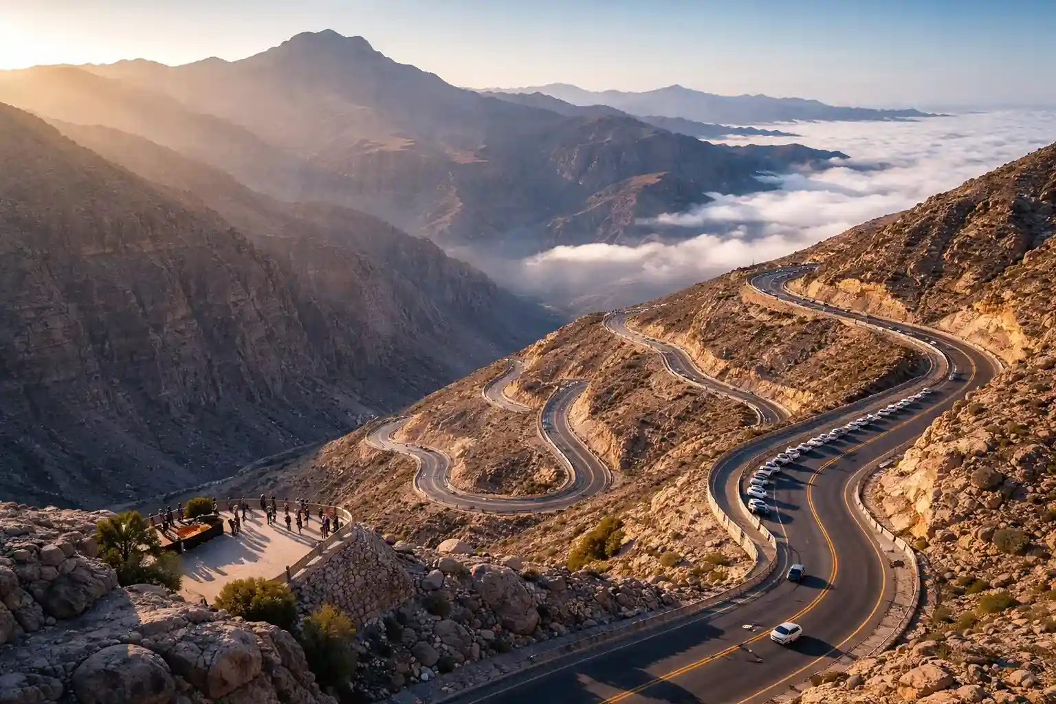 Winding mountain road viewpoint at Jebel Jais in Ras Al Khaimah above the clouds