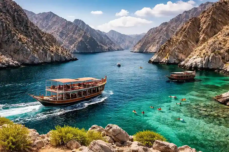 Musandam Dibba coastline with turquoise waters, fjords, and traditional dhow boats