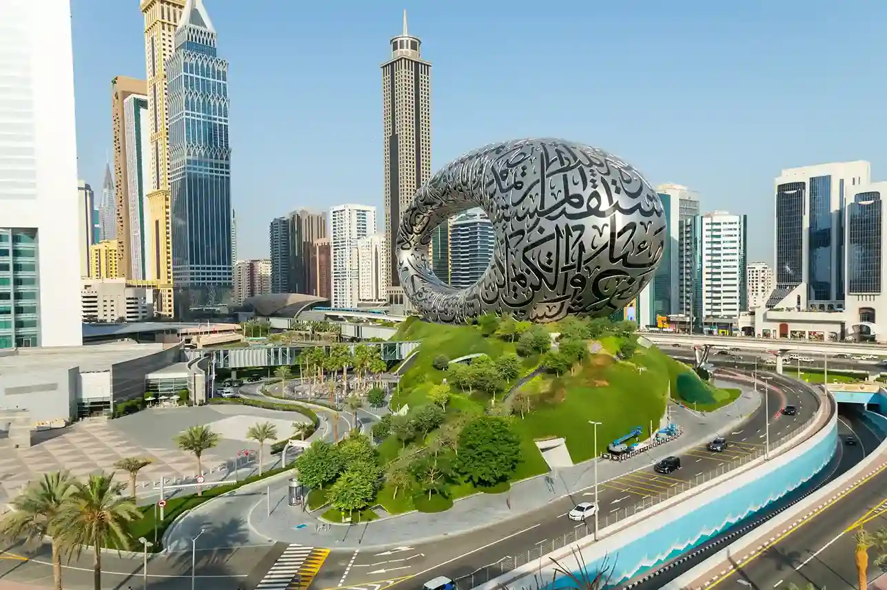 Museum of the Future Dubai with futuristic torus-shaped architecture and Arabic calligraphy facade