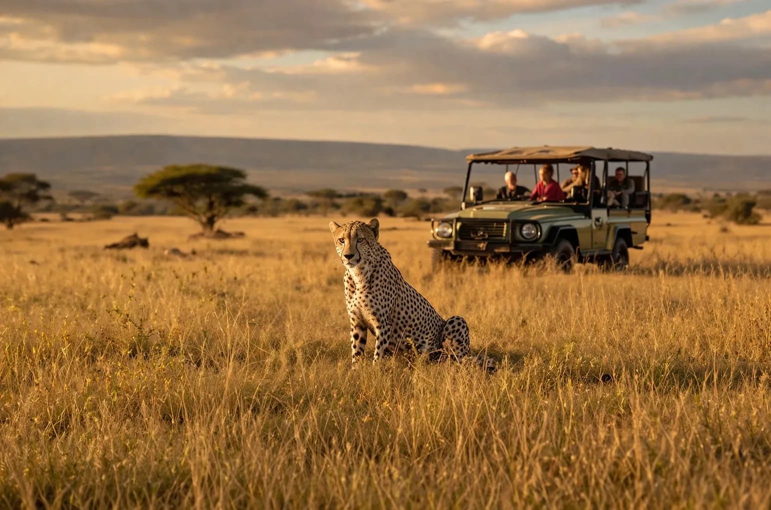 Cheetah resting in golden savannah grass with a safari jeep and travelers in the background during a Kenya wildlife safari
