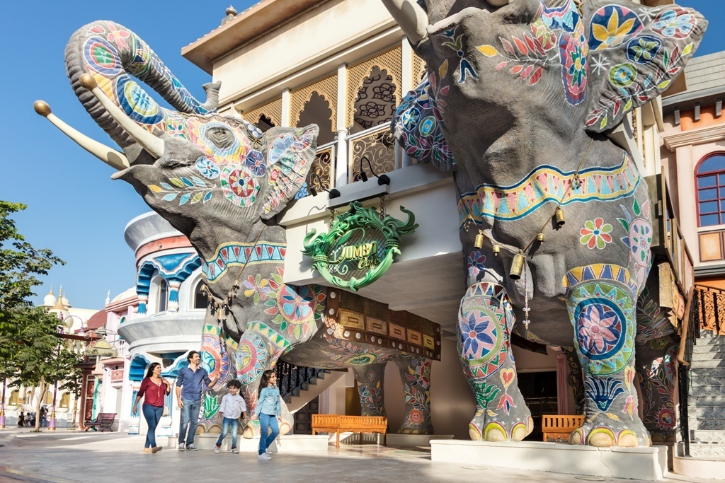 Image of Dubai Parks and Resorts entrance welcomed by 2 big elephant statue in Duabi UAE