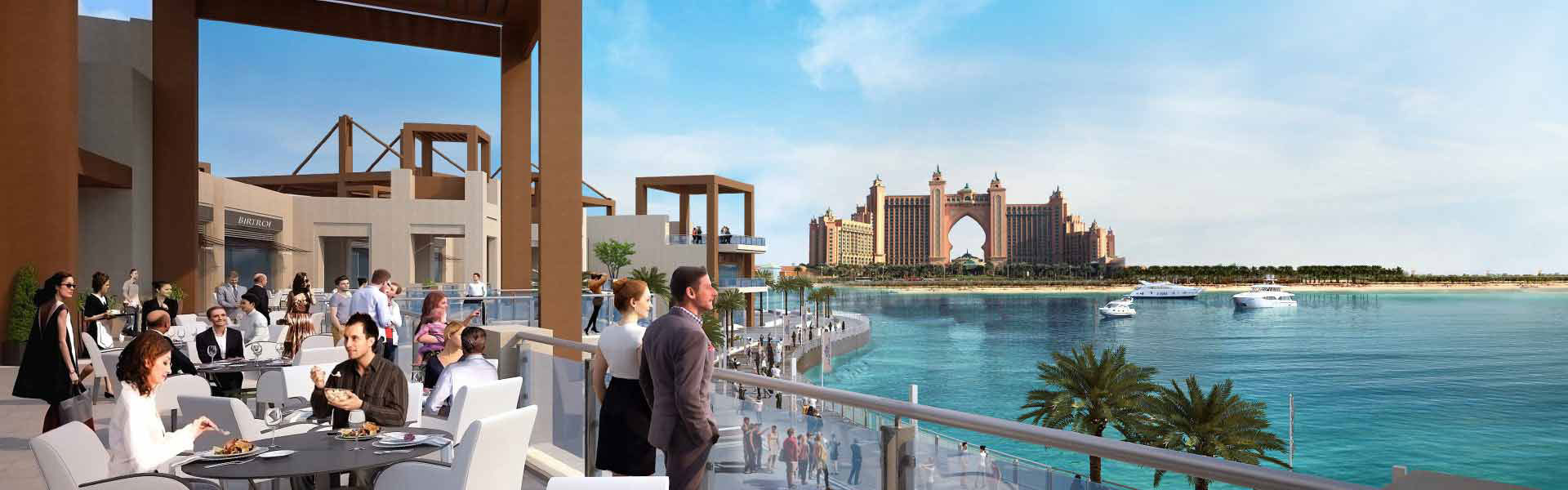 Imazhi grafik i banerit i hotelit Atlantis dhe njerëzve që shijojnë pamjen nga distanca