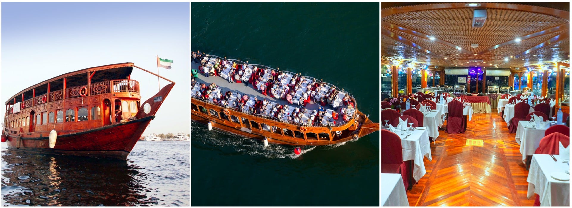 Beautiful view of Dhow Cruise sailing in the water with tourists & view of Dinning place inside